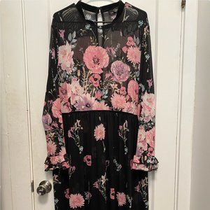 Sheer Floral Print Long Sleeve Maxi Dress